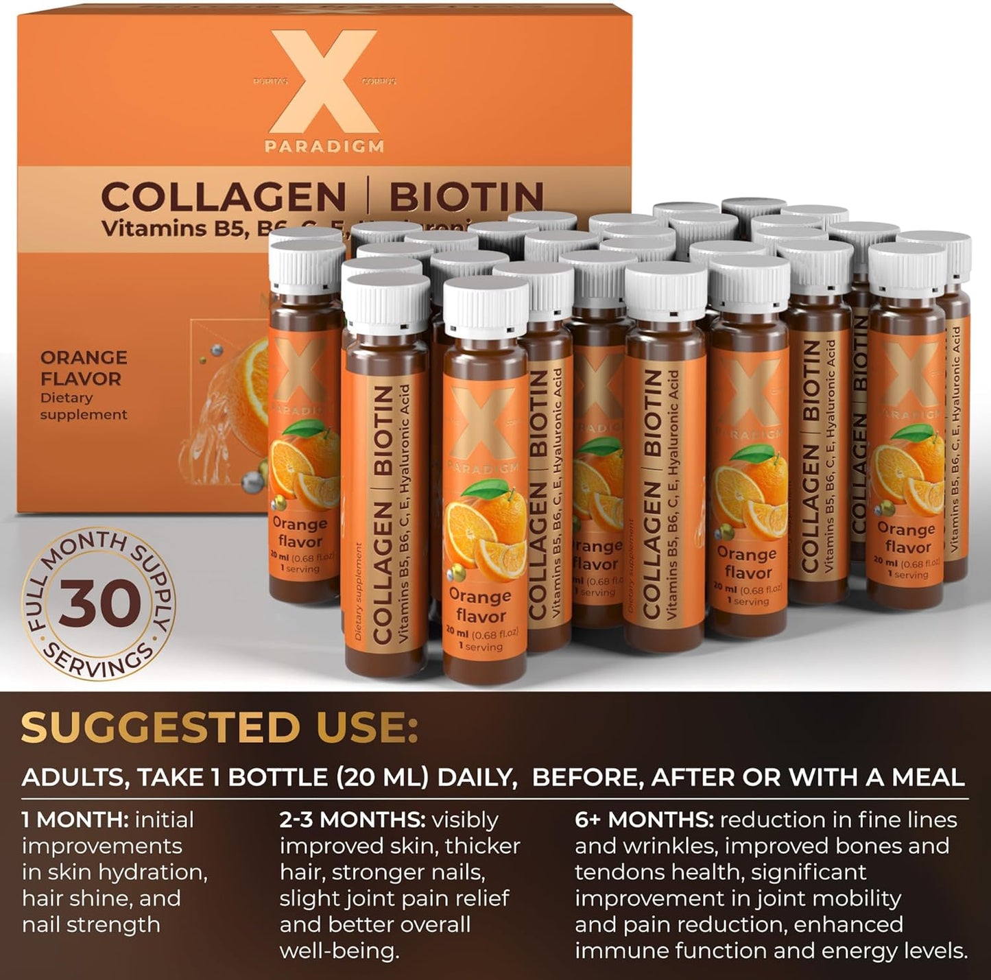 Liquid Collagen Shots with Biotin, Hyaluronic Acid and Vitamins B5, B6, C & E - Orange Flavor