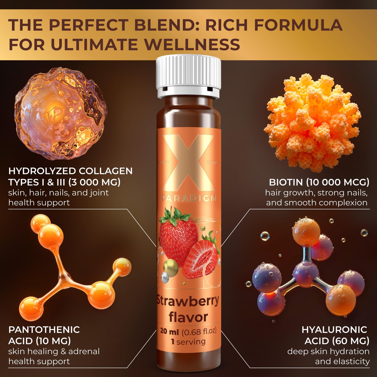 Liquid Collagen Peptides with Biotin & Hyaluronic Acid - 3000mg Hydrolyzed Bovine Collagen Type 1 and 3, Biotin 10000mcg, Vitamins B5, B6, C & E - Liquid Collagen for Women and Men, Collagen Shots