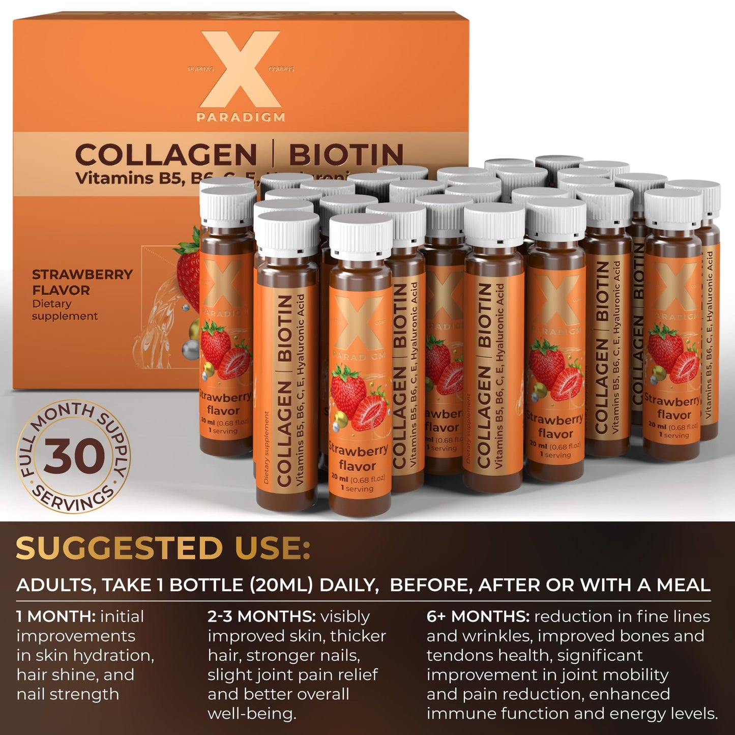Liquid Collagen Peptides with Biotin & Hyaluronic Acid - 3000mg Hydrolyzed Bovine Collagen Type 1 and 3, Biotin 10000mcg, Vitamins B5, B6, C & E - Liquid Collagen for Women and Men, Collagen Shots