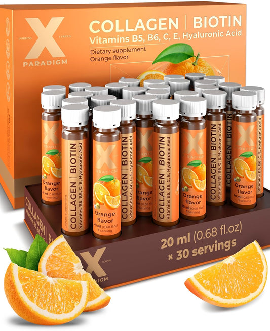 Liquid Collagen Shots with Biotin, Hyaluronic Acid and Vitamins B5, B6, C & E - Orange Flavor