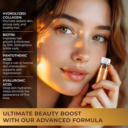 Liquid Collagen Shots with Biotin, Hyaluronic Acid and Vitamins B5, B6, C & E - Orange Flavor
