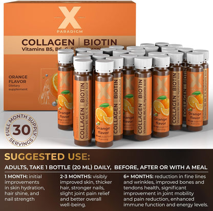 Liquid Collagen Shots with Biotin, Hyaluronic Acid and Vitamins B5, B6, C & E - Orange Flavor