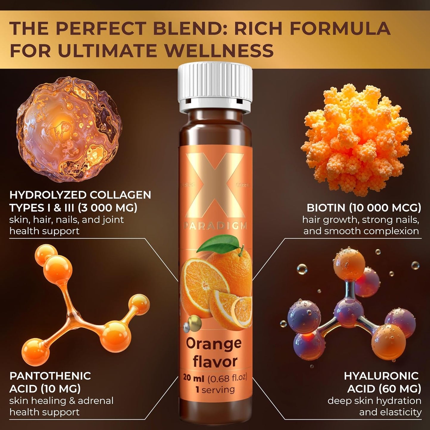 Liquid Collagen Shots with Biotin, Hyaluronic Acid and Vitamins B5, B6, C & E - Orange Flavor