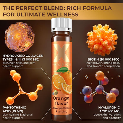 Liquid Collagen Shots with Biotin, Hyaluronic Acid and Vitamins B5, B6, C & E - Orange Flavor