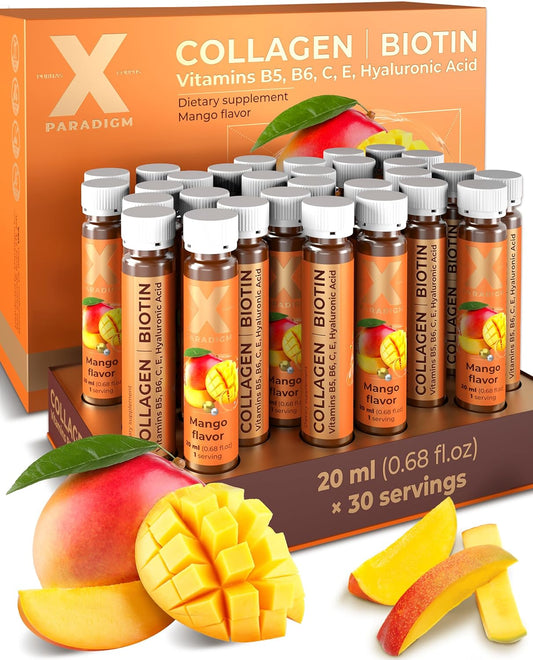 Liquid Collagen Shots with Biotin, Hyaluronic Acid and Vitamins B5, B6, C & E - Mango Flavor