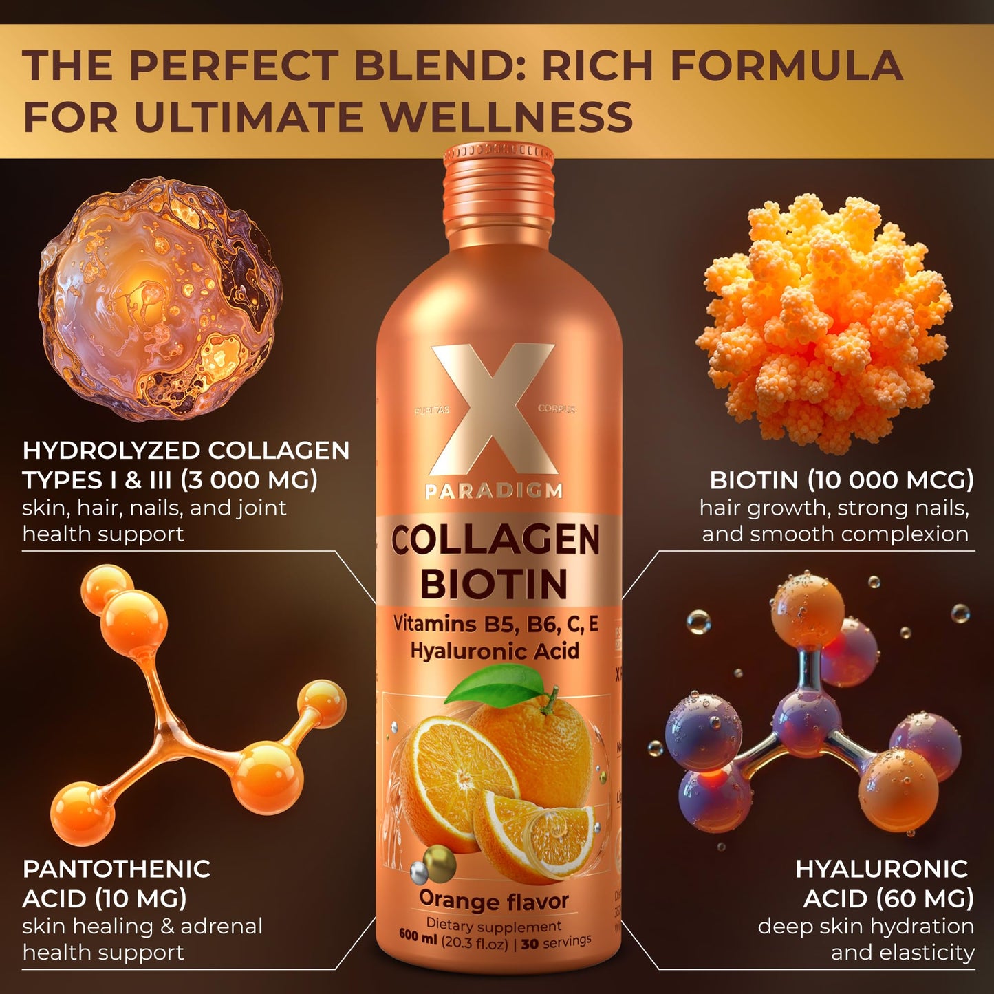 Liquid Collagen Peptides with Biotin & Hyaluronic Acid - Hydrolyzed Bovine Collagen Type 1 and 3, Biotin 10000mcg, Vitamins B5, B6, C & E - Hair Skin and Nails Liquid Collagen for Women & Men